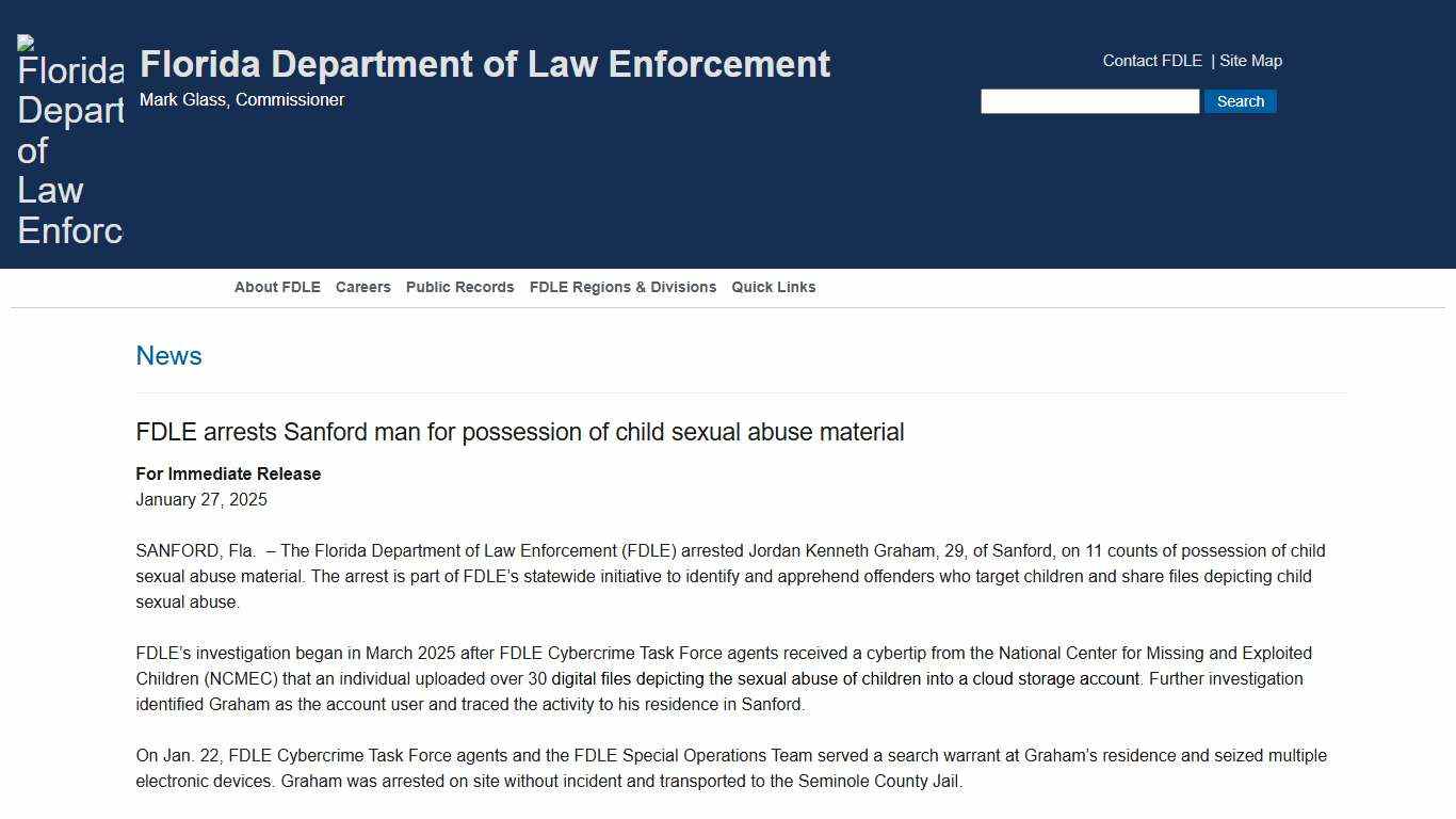 FDLE - FDLE arrests Sanford man for possession of child sexual abuse material